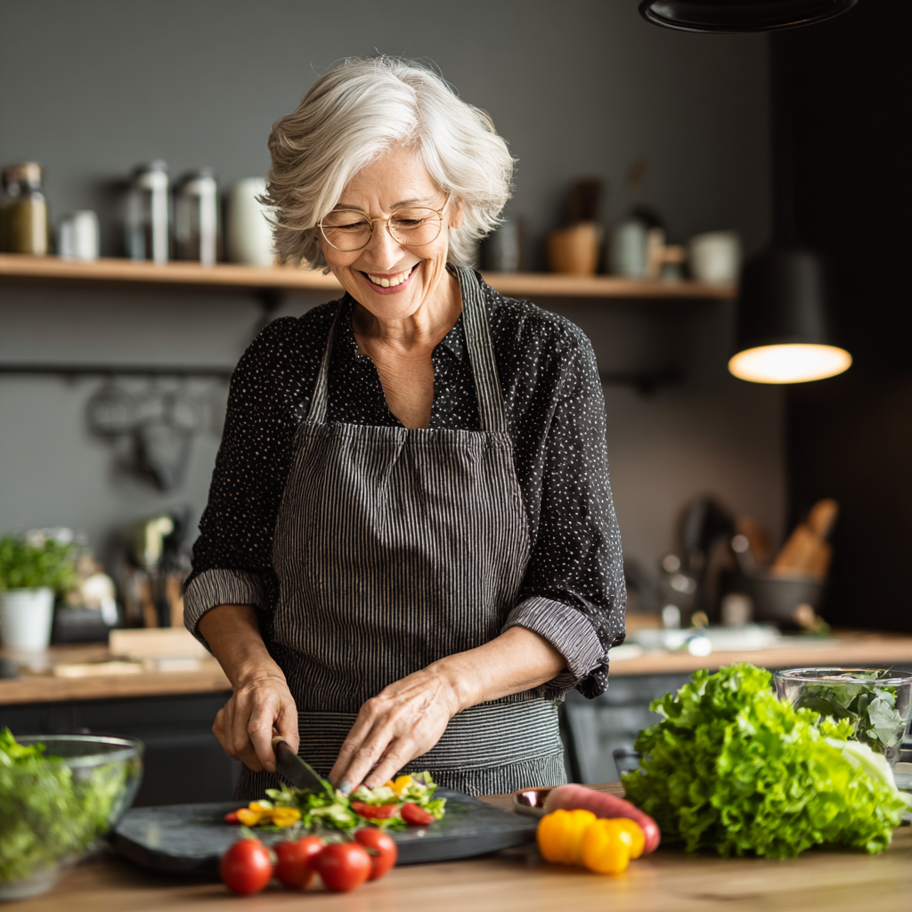 Smiling elderly European couple preparing healthy meal together in bright kitchen