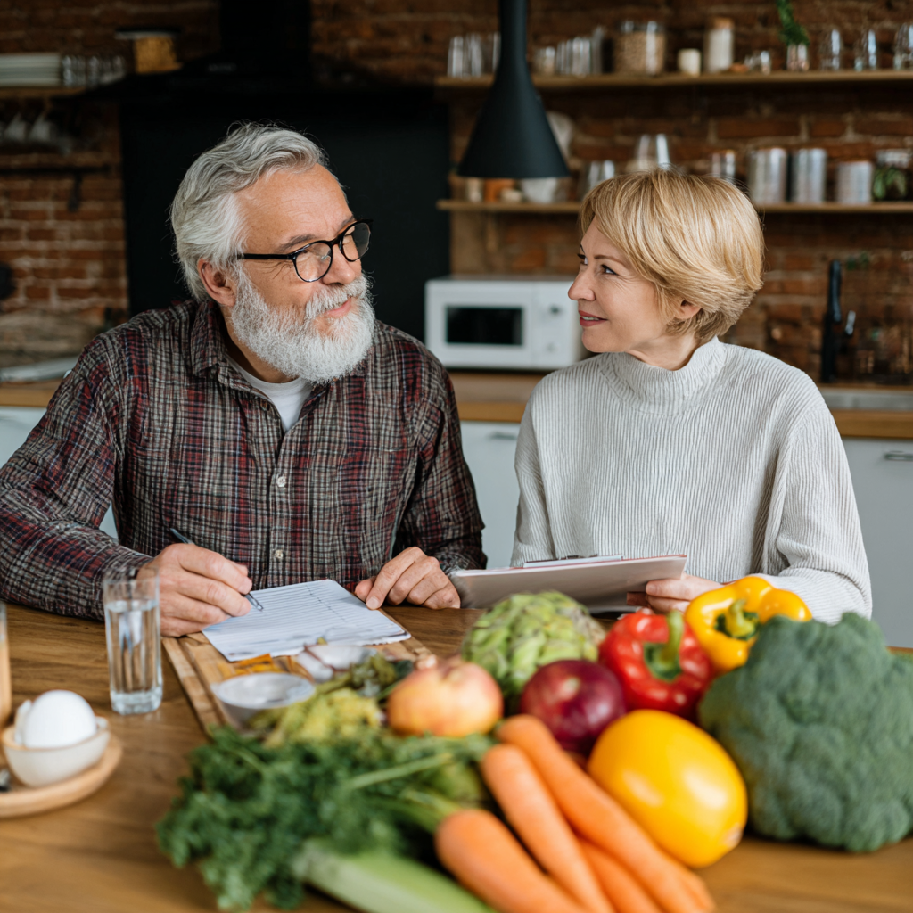Happy elderly European woman examining fresh vegetables and fruits while meal planning